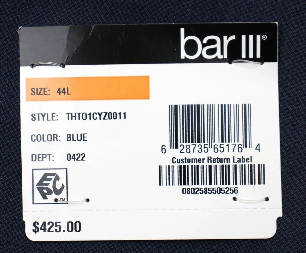 Bar III Skinny Fit Suit Jacket 44 L Mens Solid Blue Stretch Wool Two Button